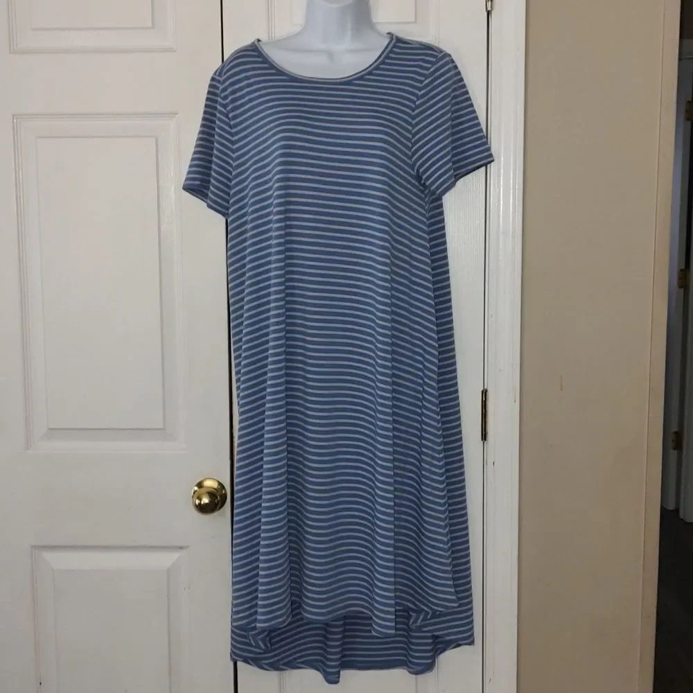 LulaRoe Carley blue gray striped Dress Sz M NWOT